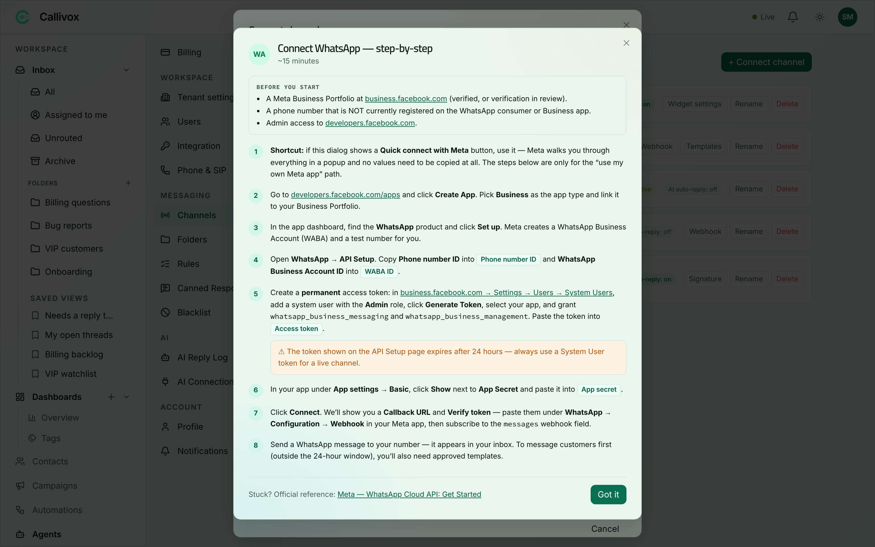 The WhatsApp setup guide dialog showing a Before you start section and numbered steps