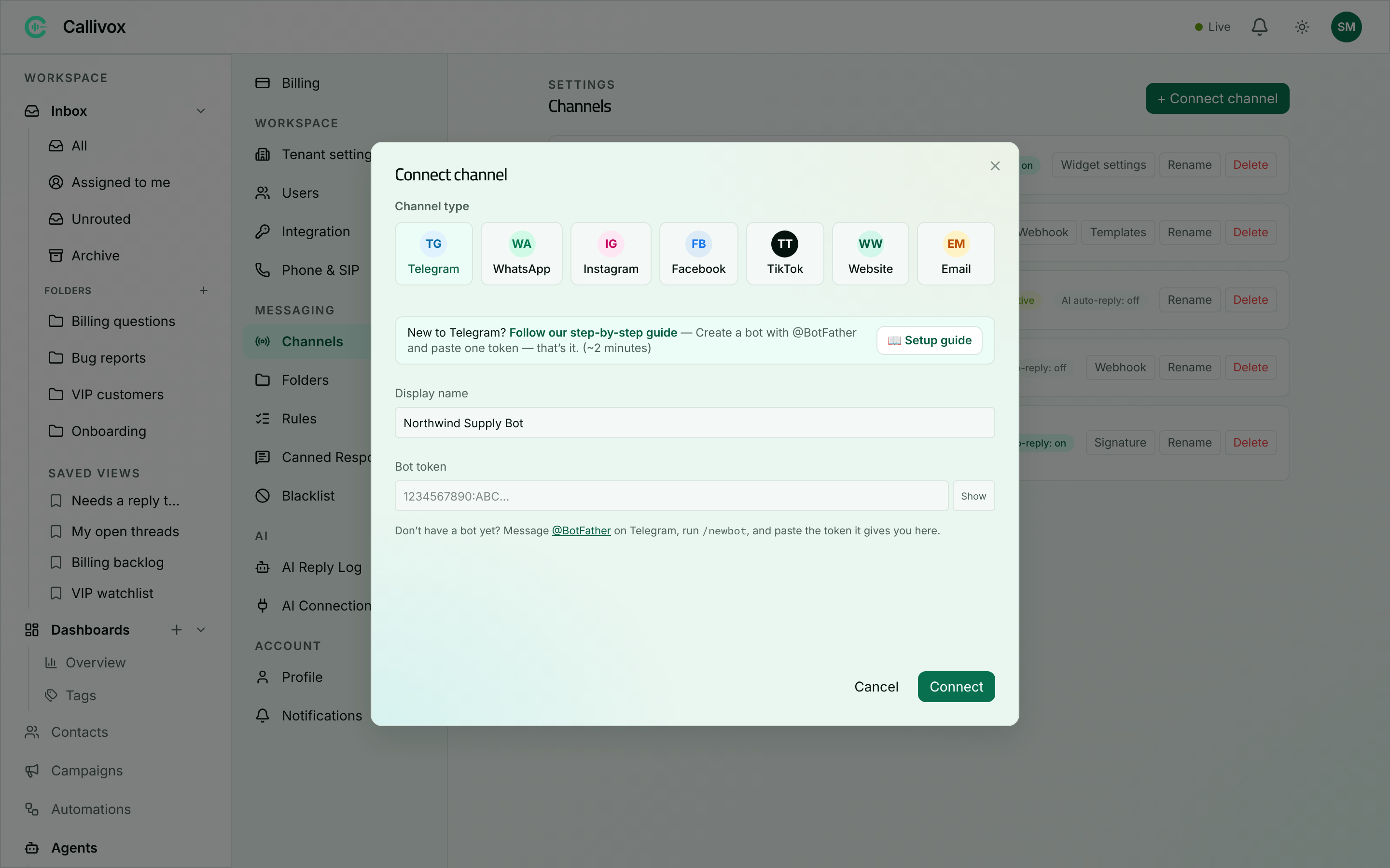 The Connect channel dialog with Telegram selected, showing the Display name and Bot token fields