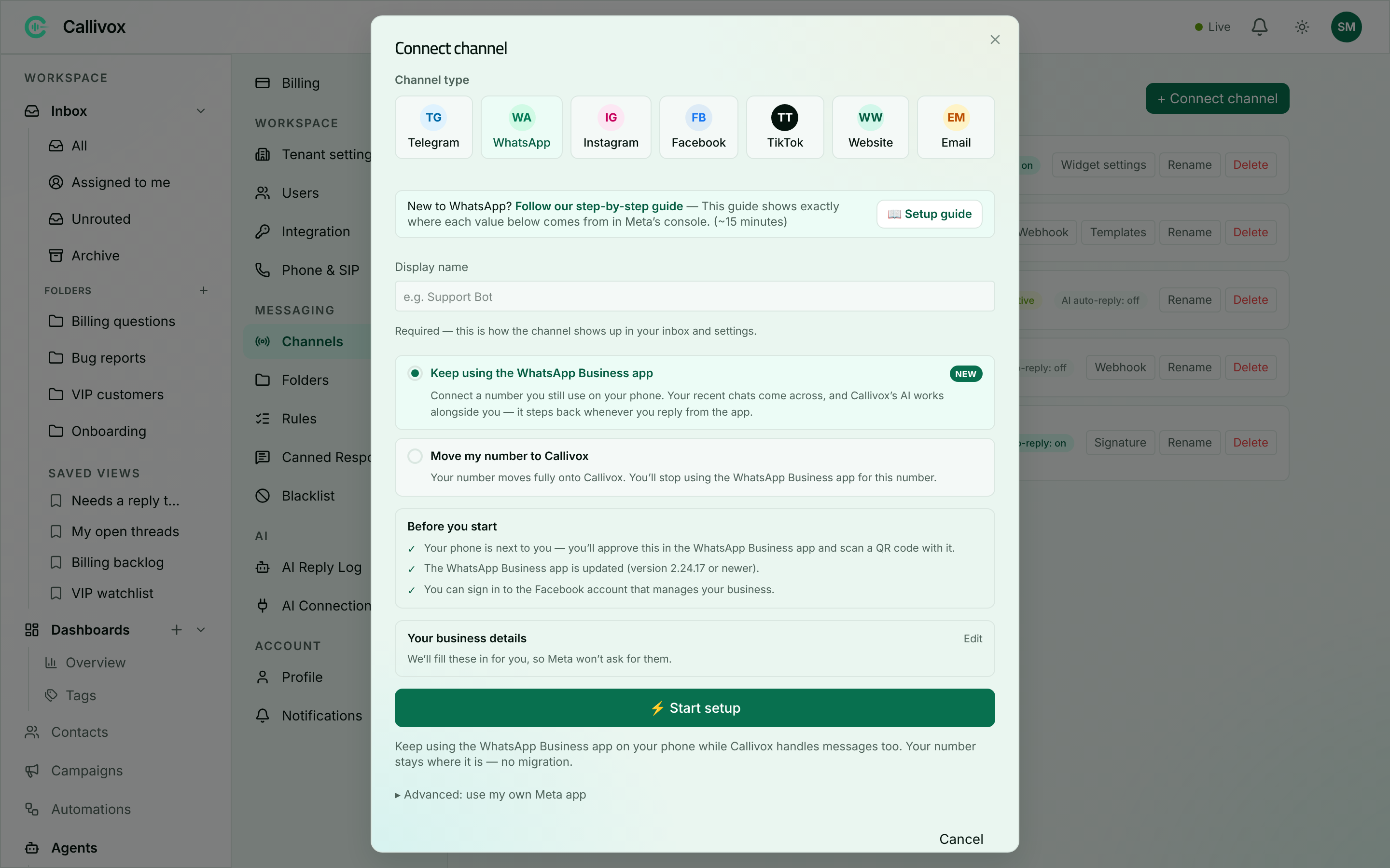 The Connect channel dialog with WhatsApp selected, showing the Connect with Meta button