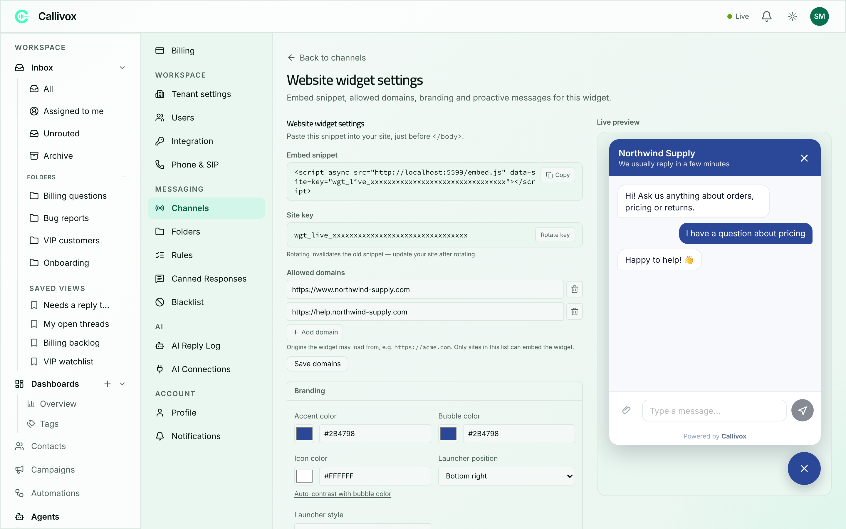The widget settings page showing the embed script snippet, the site key and a Rotate key button