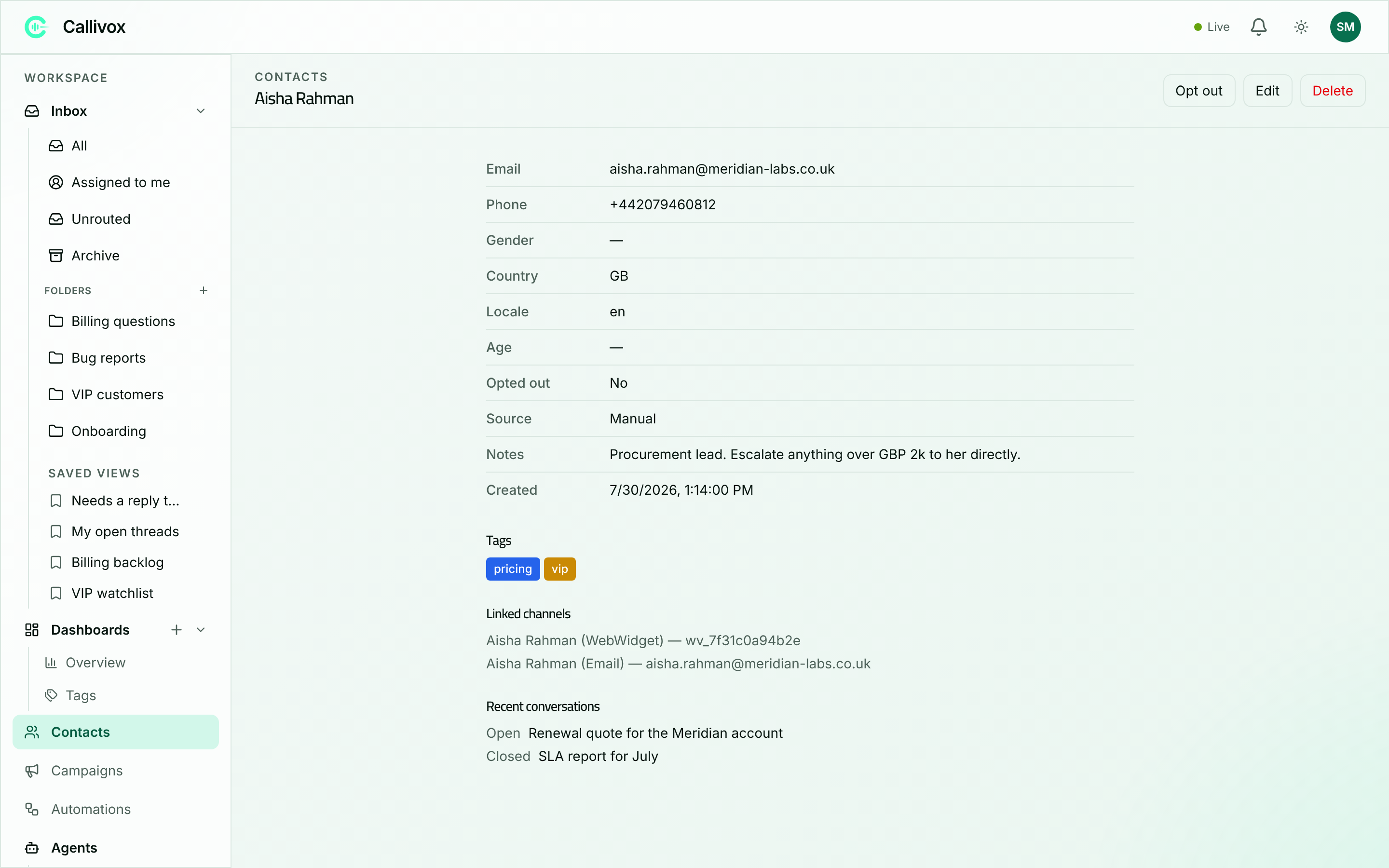 A contact detail page showing contact fields, tag chips, linked channels and a list of recent conversations