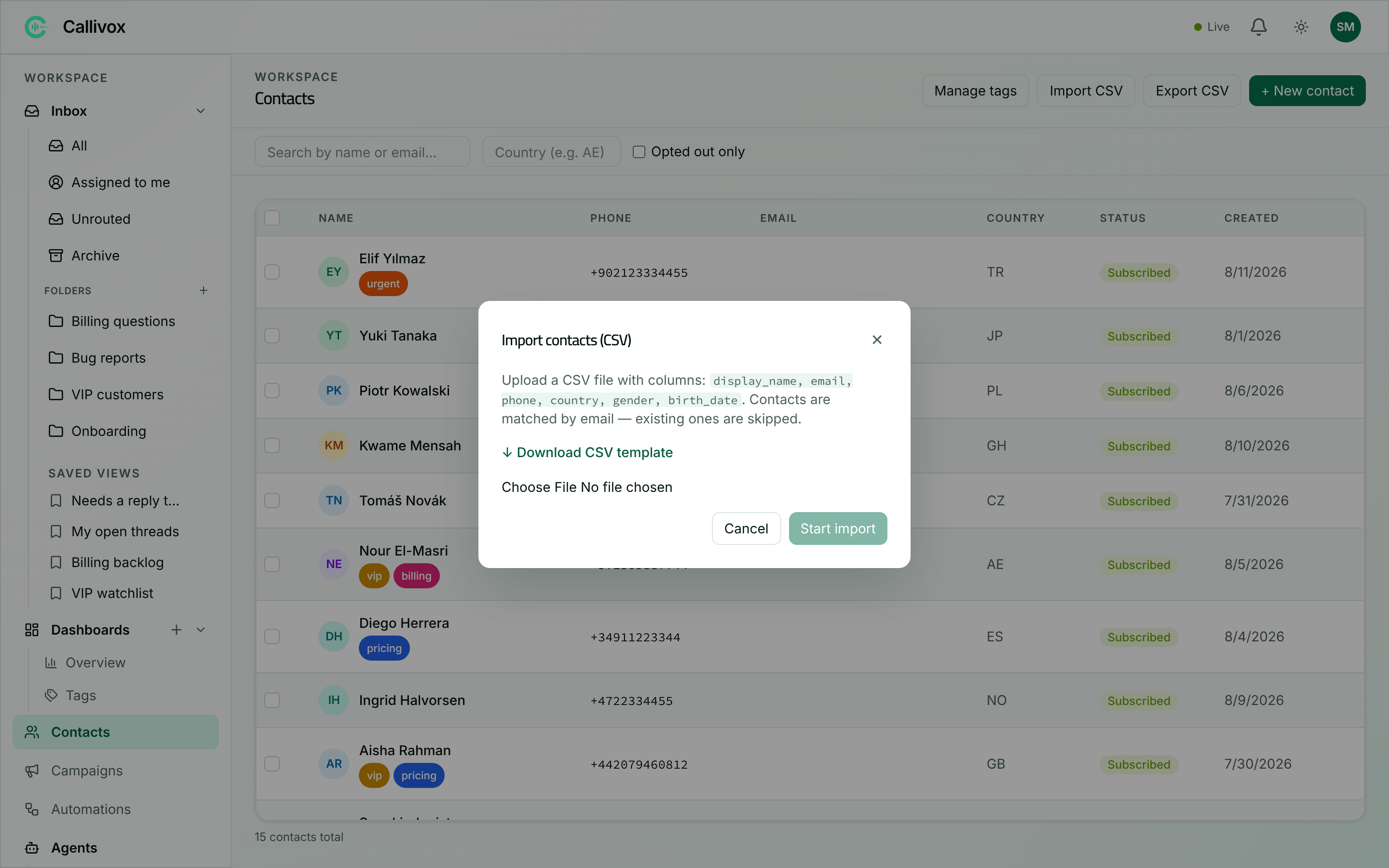 The Import contacts dialog showing the required CSV columns, a template download link and a file picker