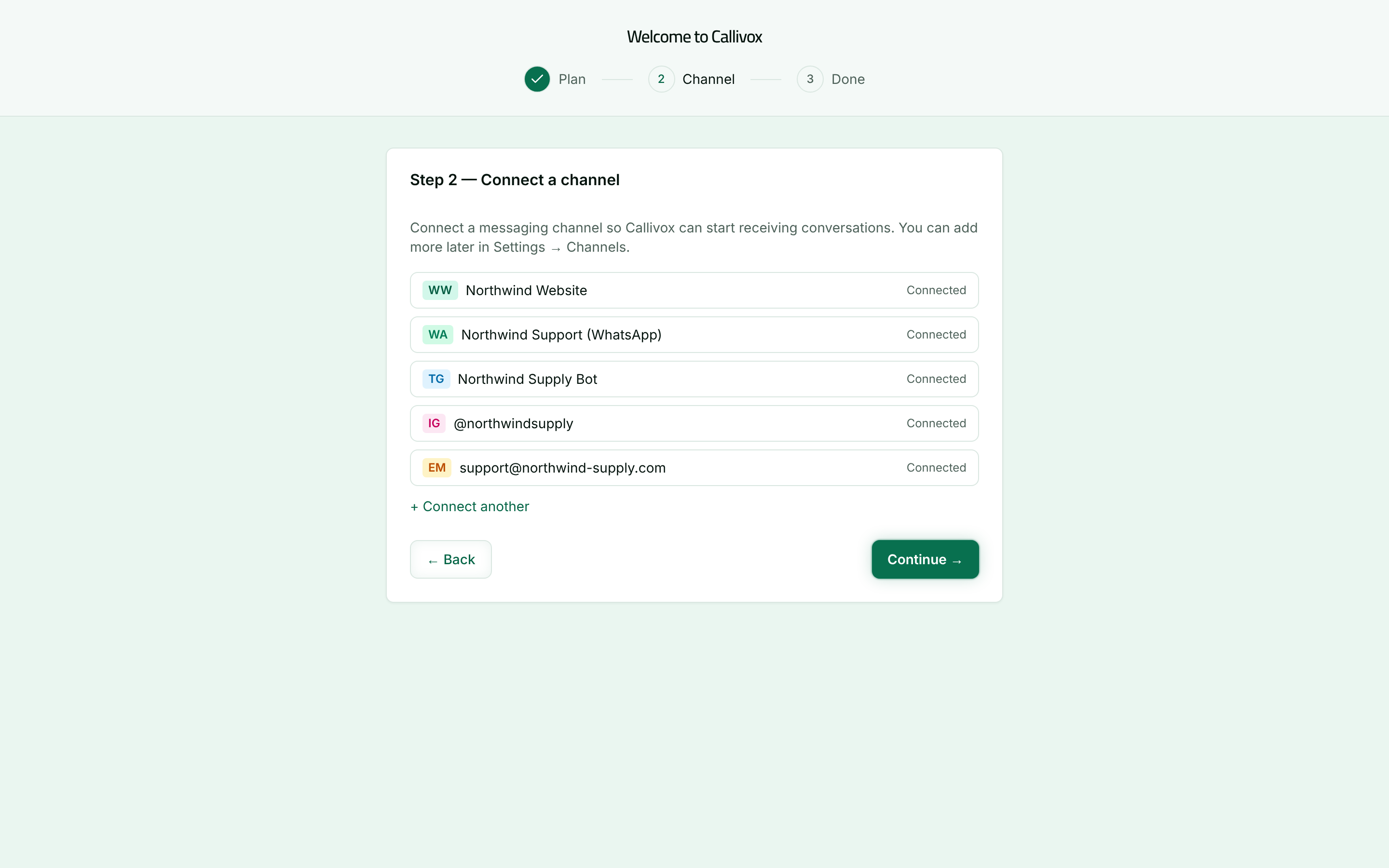 The onboarding channel step showing the channel type picker