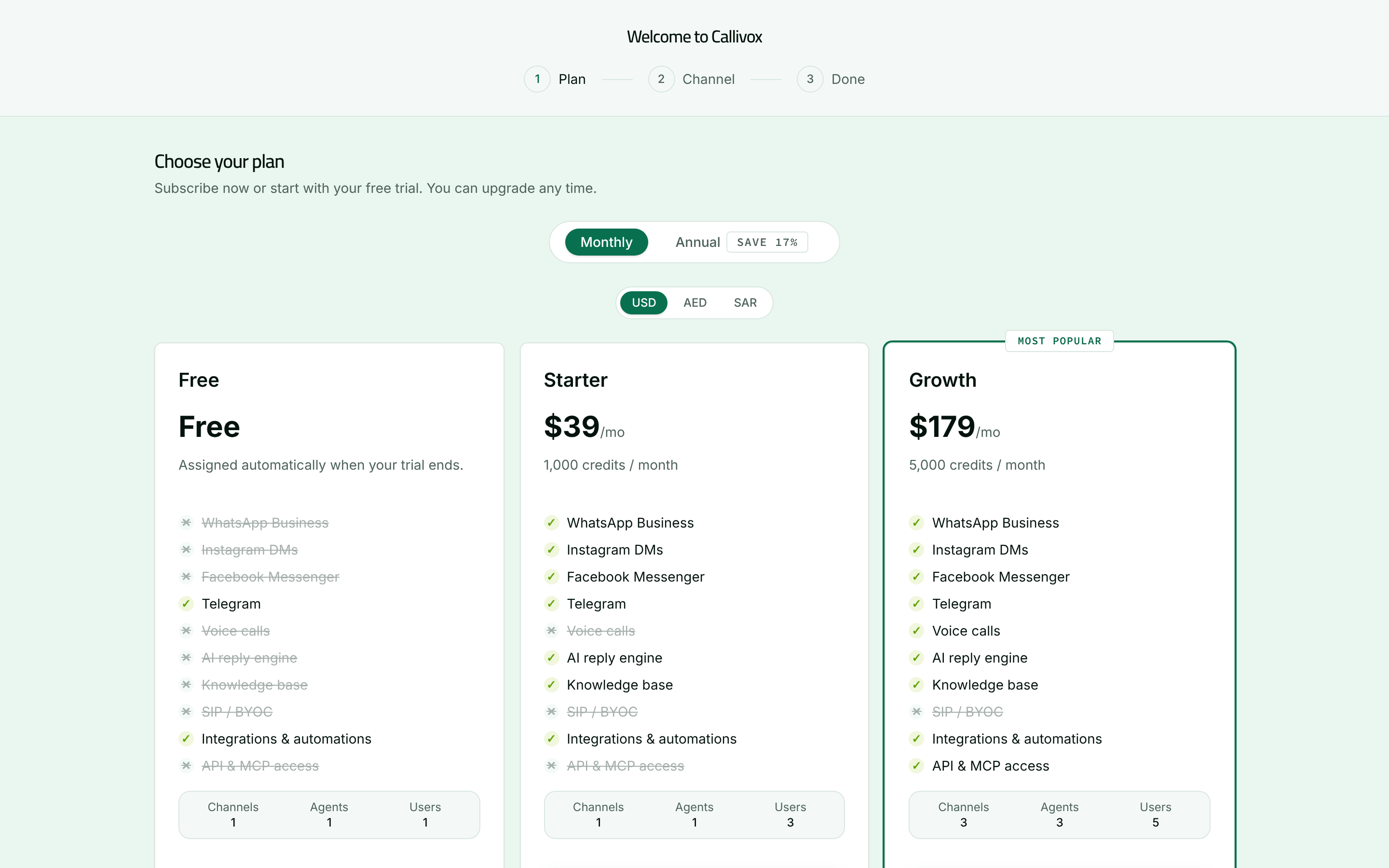 The onboarding plan step showing the available Callivox plans