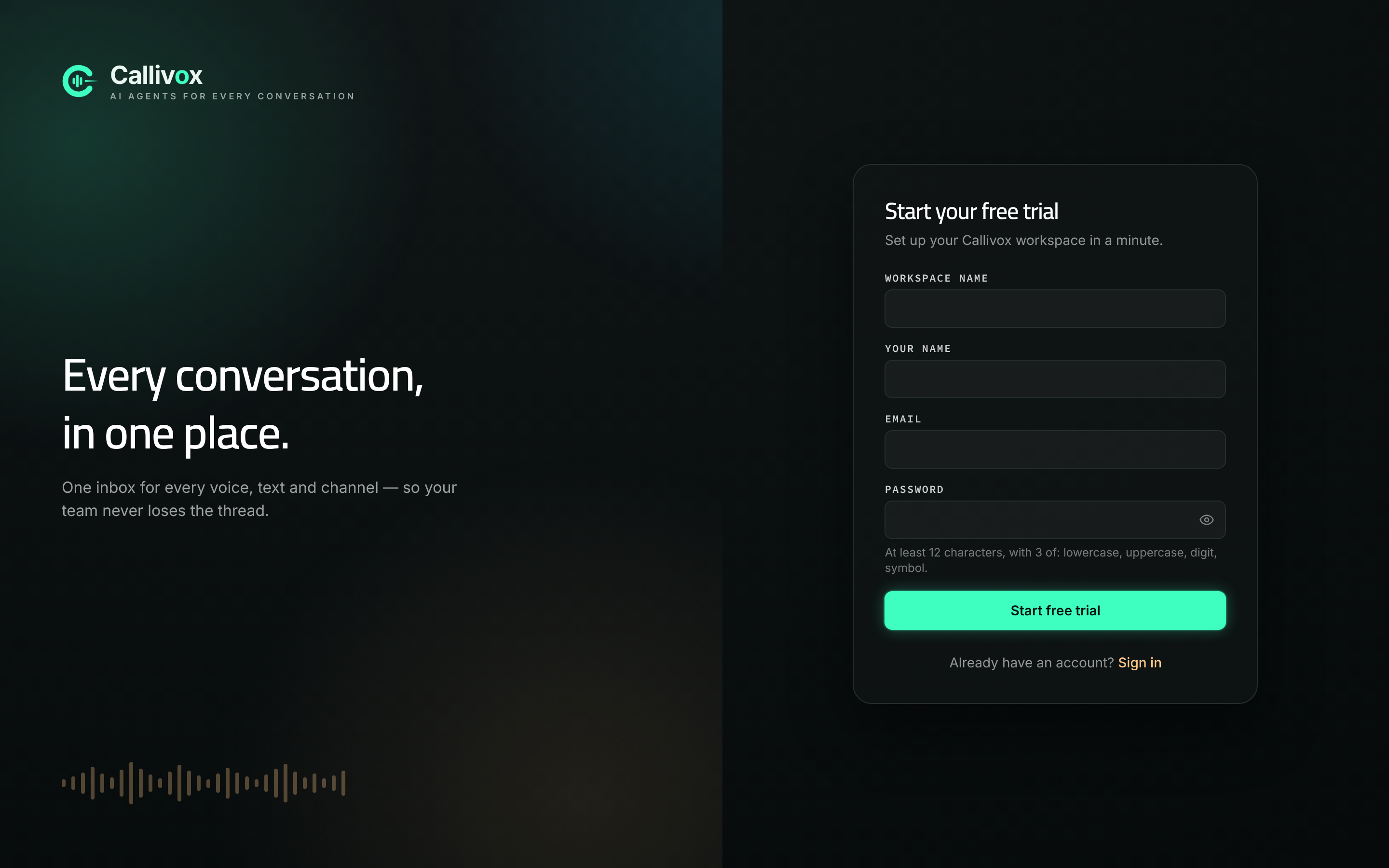 The Callivox sign-up form with fields for workspace name, your name, email and password