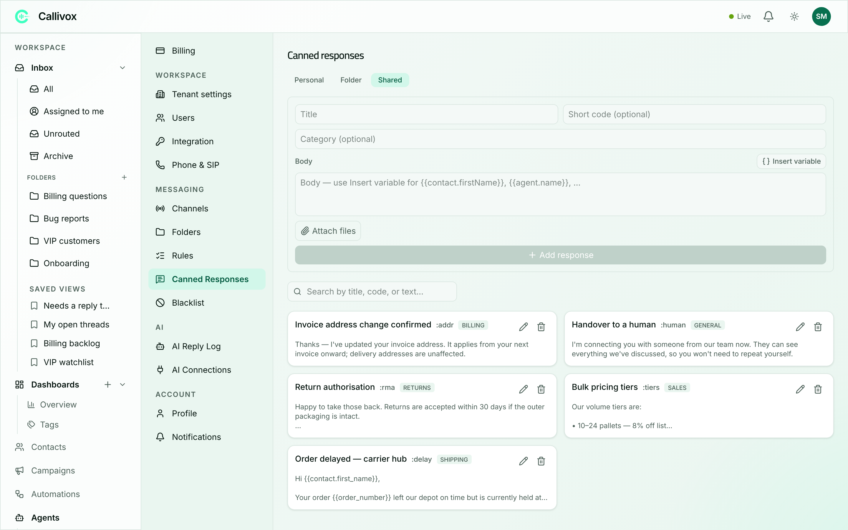 The Canned responses settings page showing Personal, Folder and Shared tabs above a list of saved replies