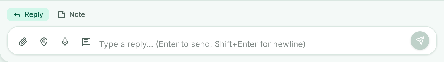 The message composer showing the Reply and Note tabs, a text area, and icon buttons for attachments, location, voice recording and canned responses
