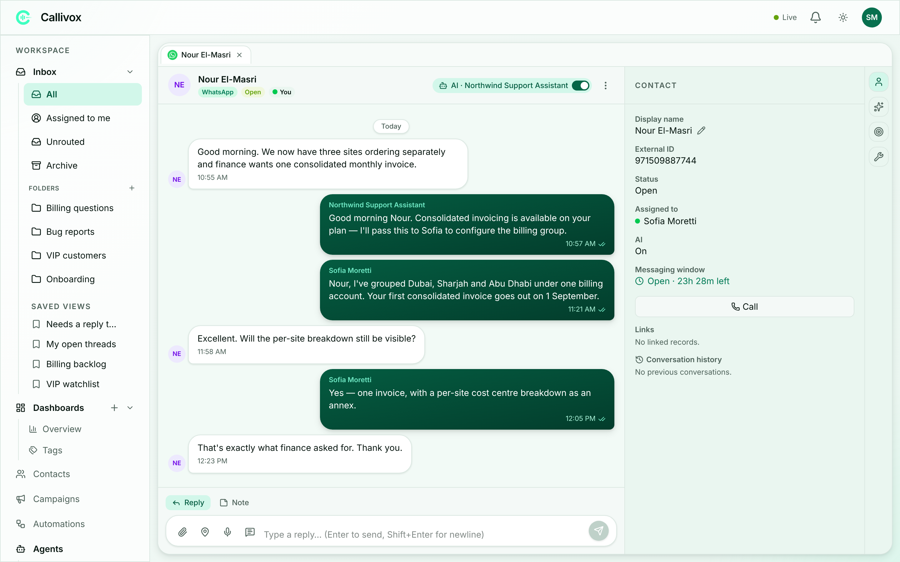 An open conversation showing the header pills, a message thread with delivery ticks, and the reply composer