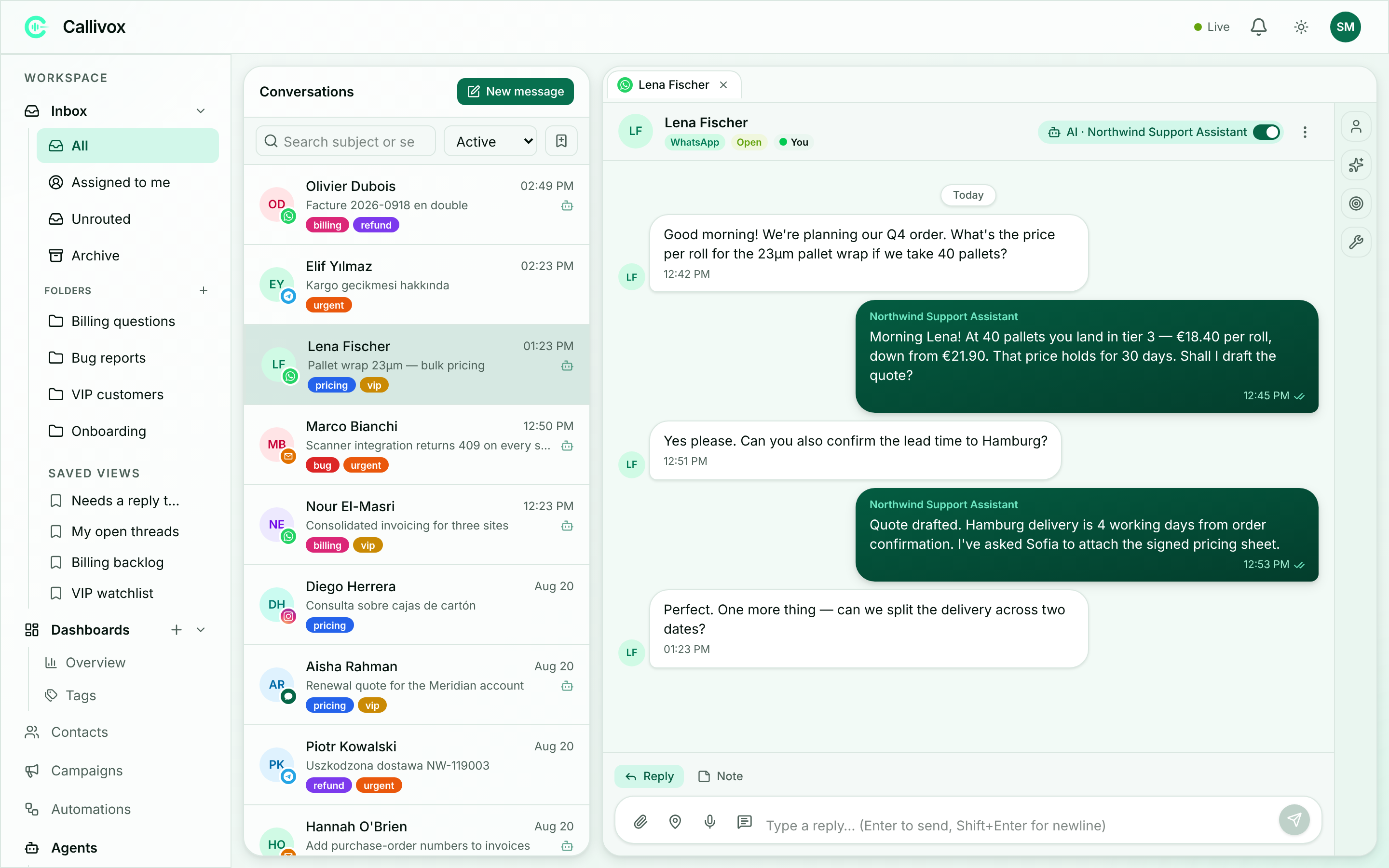 The Callivox inbox showing the conversation list, the open thread and the contact panel