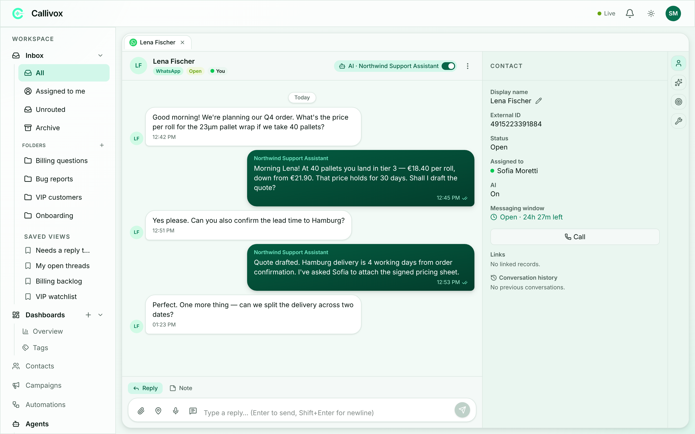 The contact panel showing display name, status, assignee, AI state, messaging window and a list of previous conversations