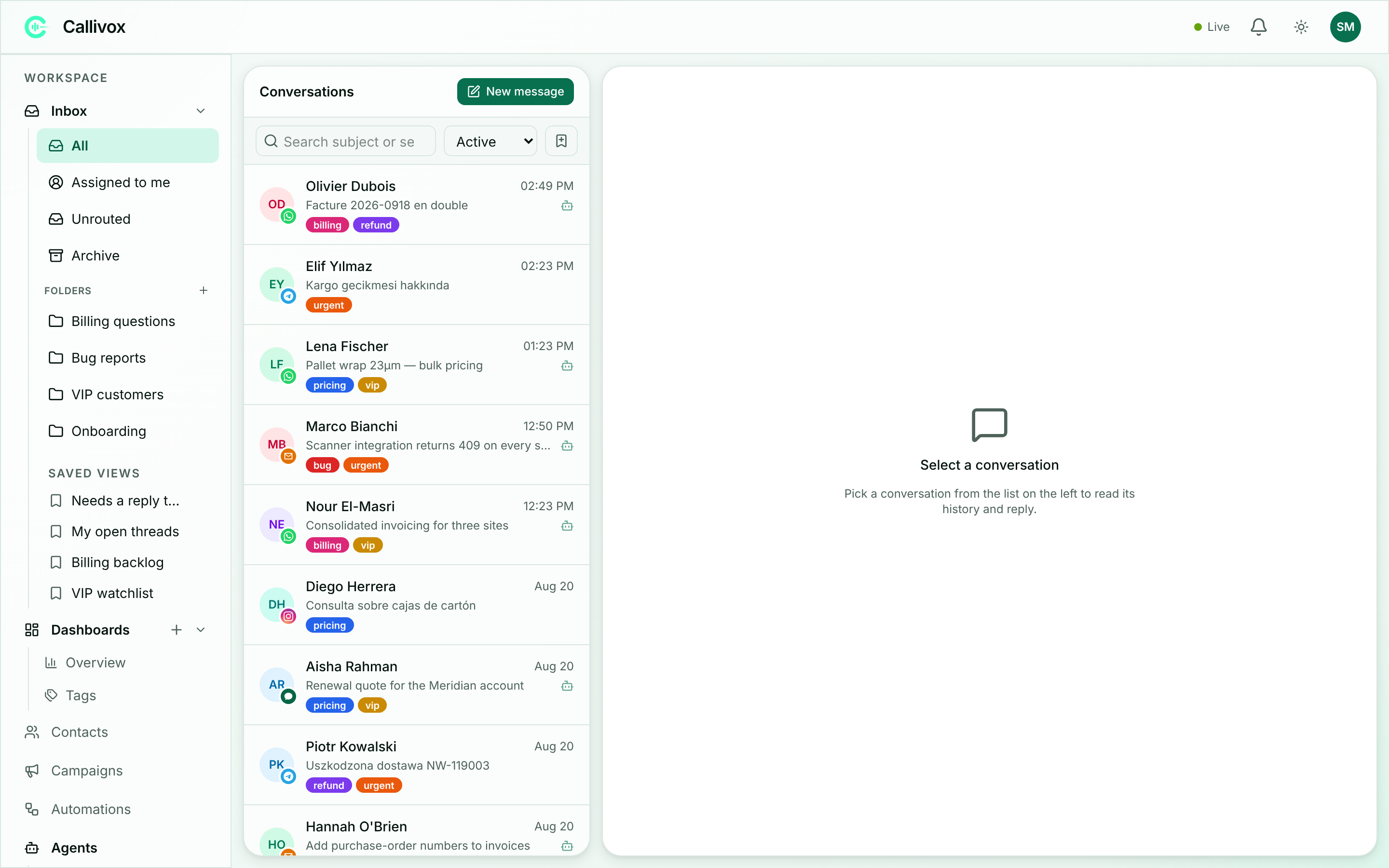 The Saved views section of the inbox sidebar with several saved view chips