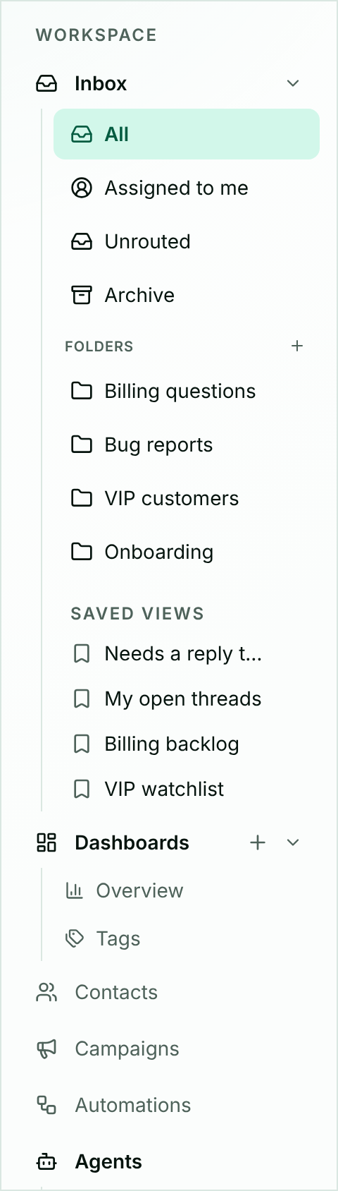 The inbox sidebar showing All, Assigned to me, Unrouted, Call Logs and Archive, followed by folder and team inbox sections