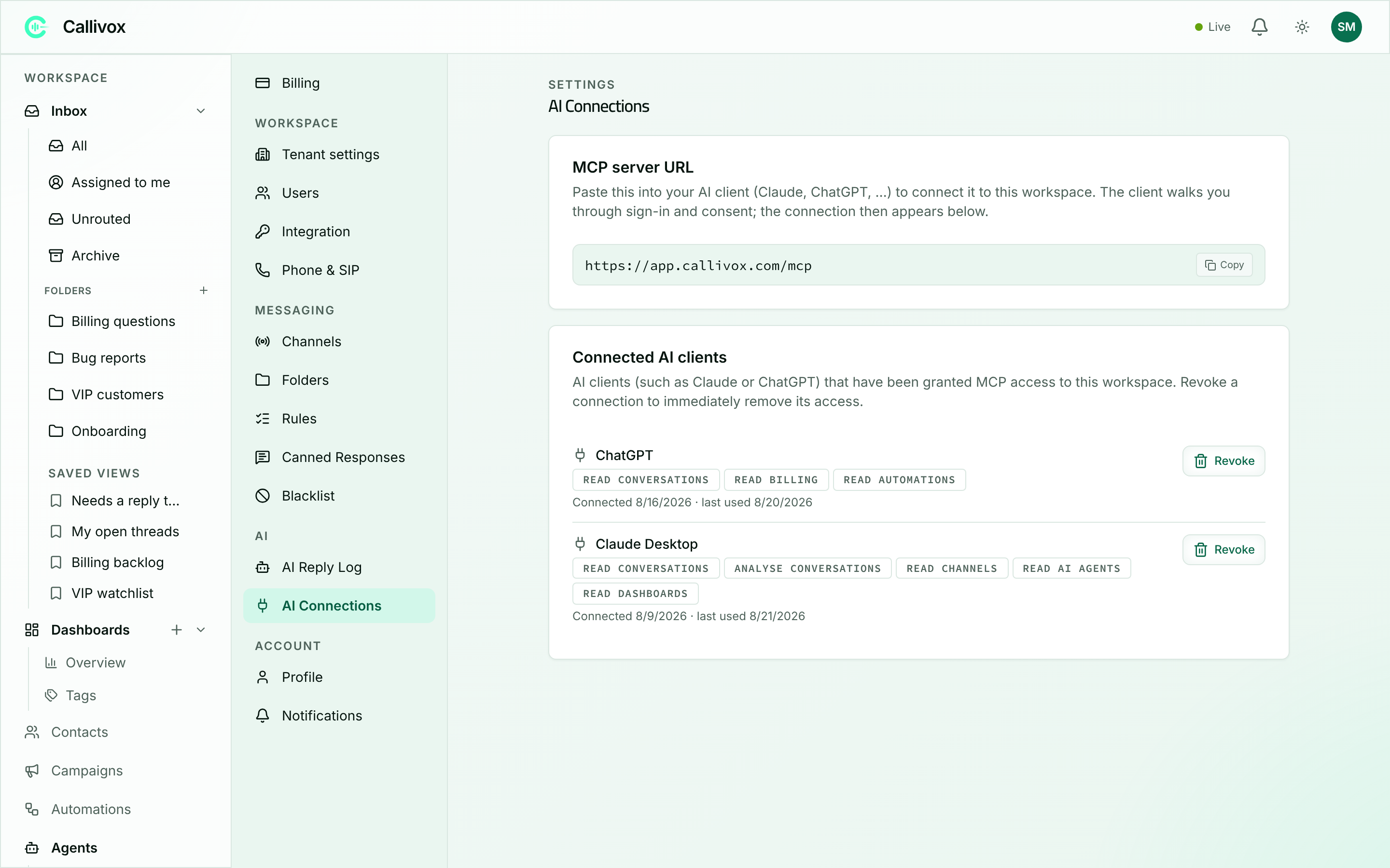 The AI Connections settings page showing the MCP server URL card and a list of connected AI clients