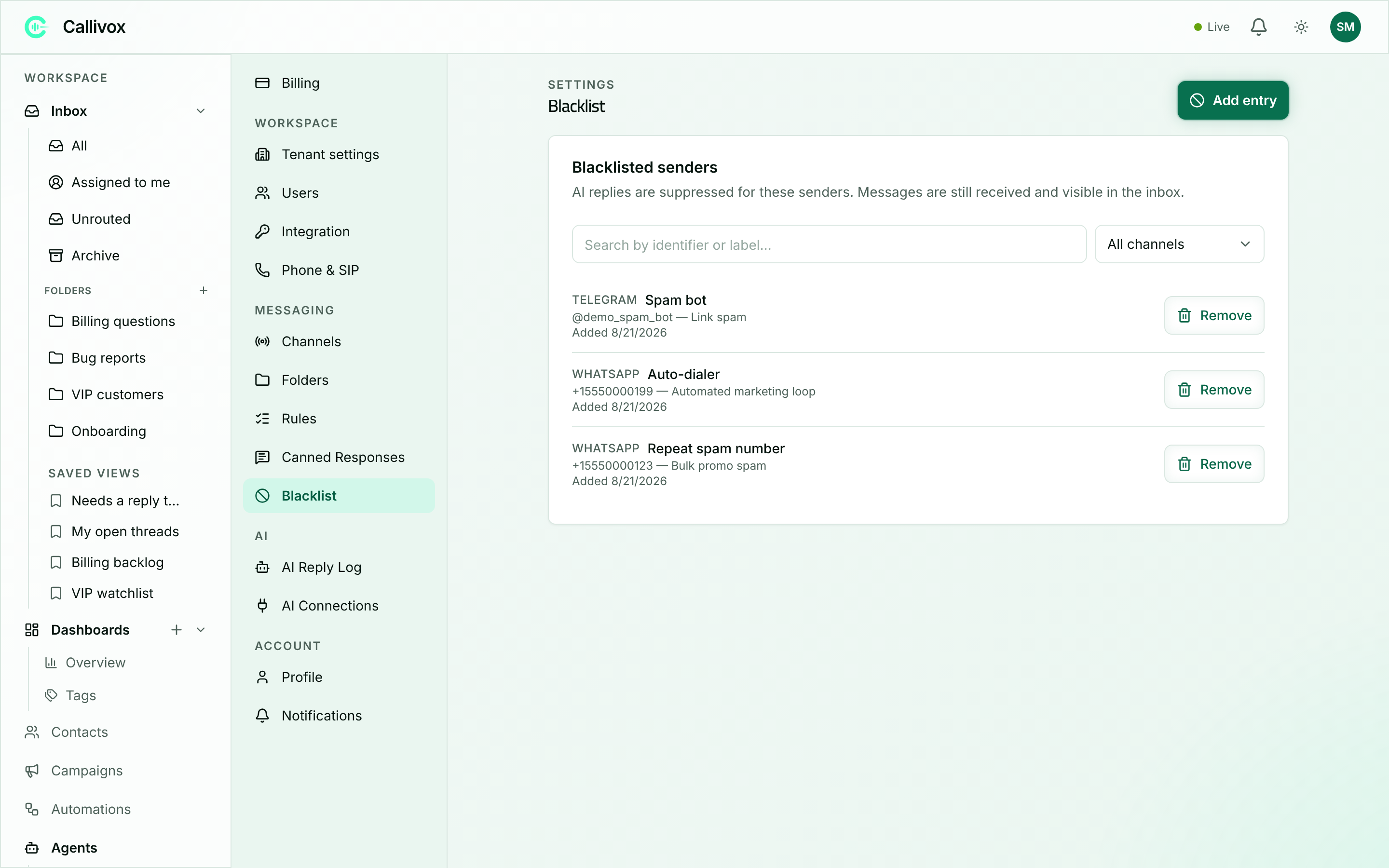 The Blacklist settings page listing blocked senders by channel with Remove buttons