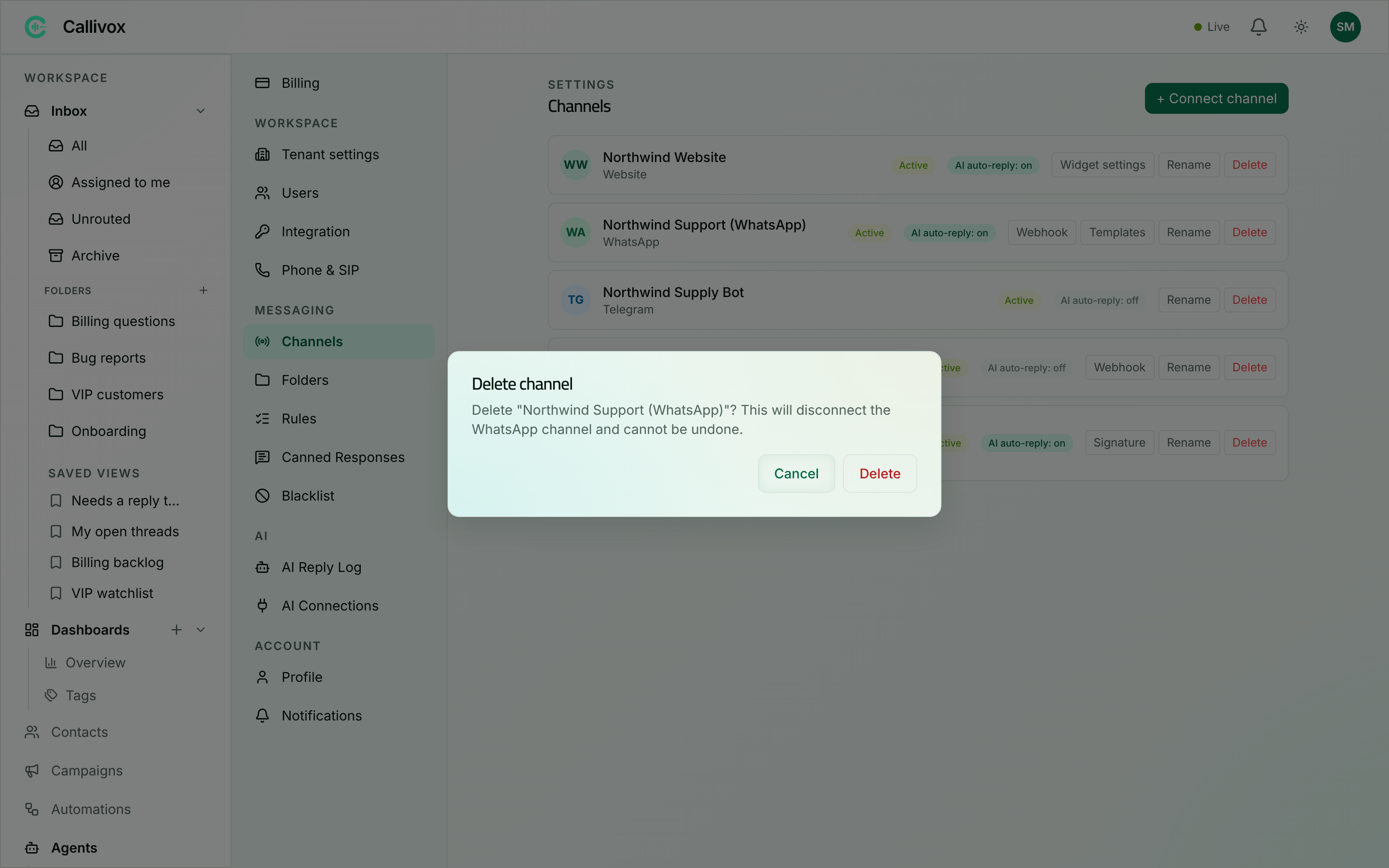 Confirmation dialog asking to delete and disconnect a channel, noting it cannot be undone