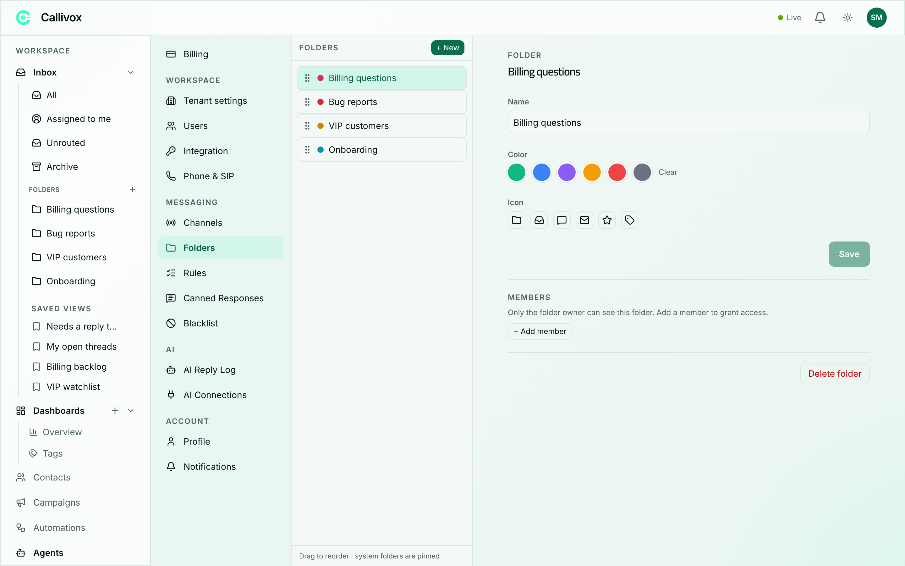 The Folders settings page showing a list of folders with colour dots and the detail pane for one folder