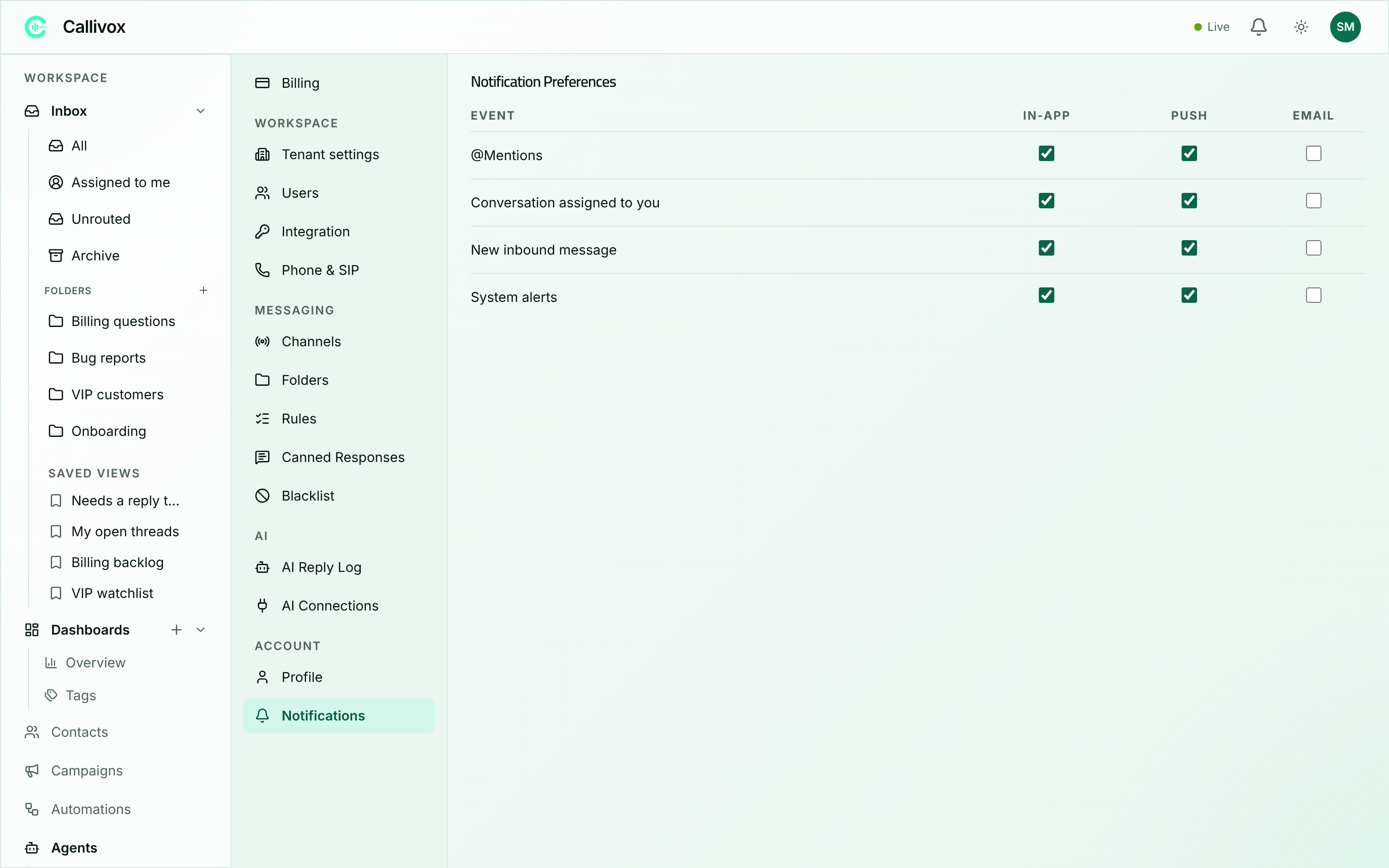 The Notification Preferences page showing a matrix of events against In-App, Push and Email checkboxes