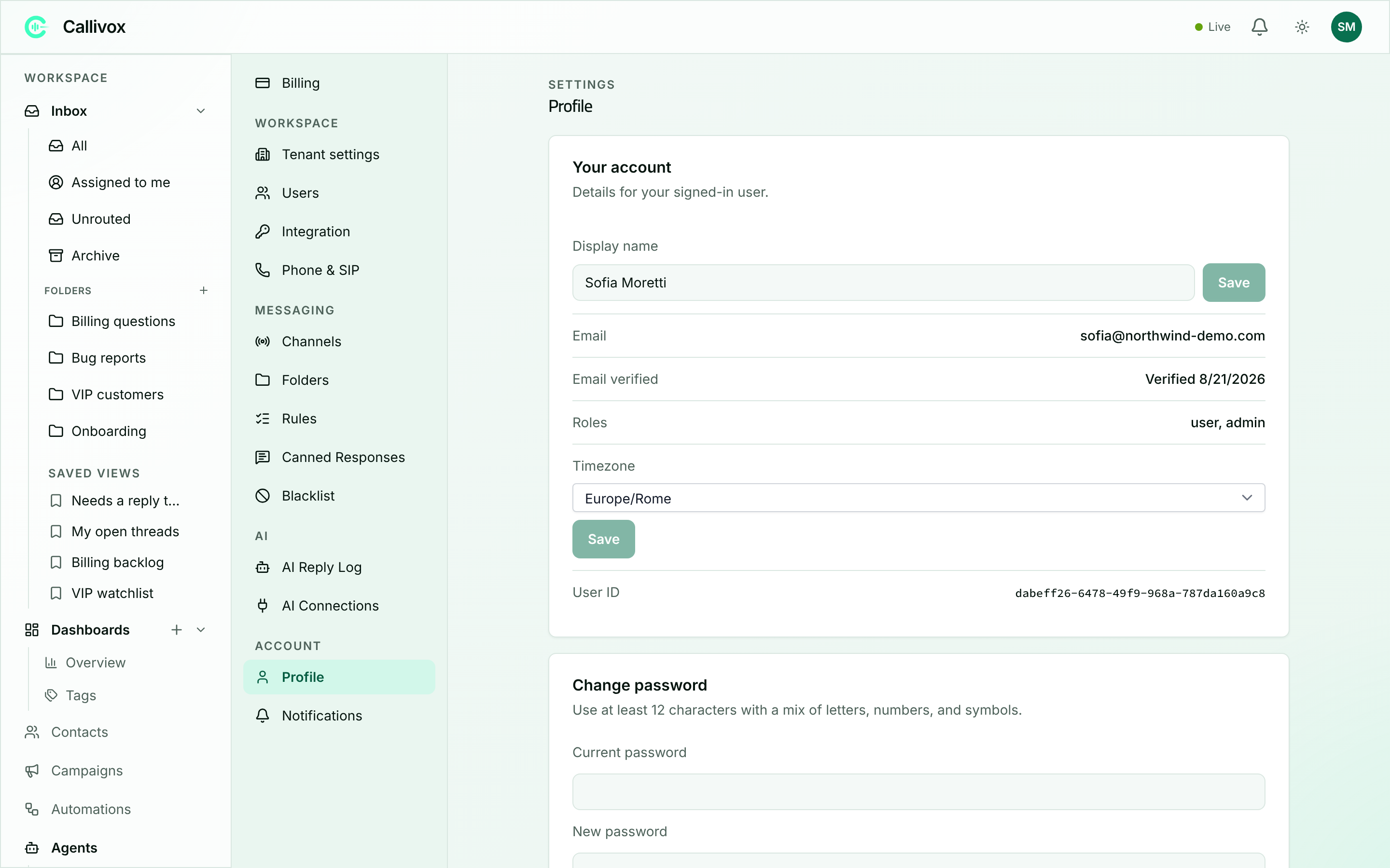 The Profile settings page in Callivox showing the account details card and the change password card