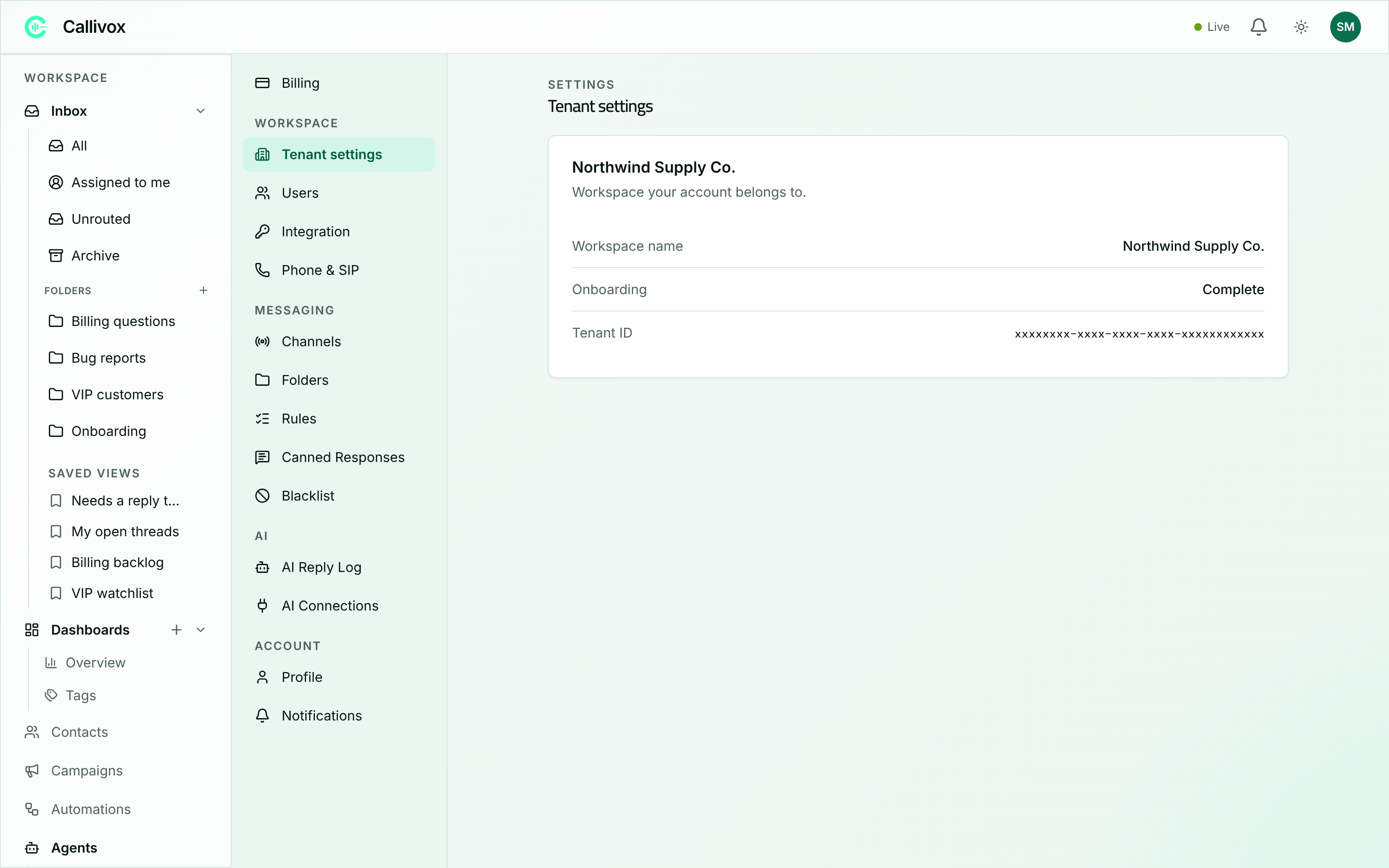 The Tenant settings page in Callivox showing workspace name, onboarding status and tenant ID