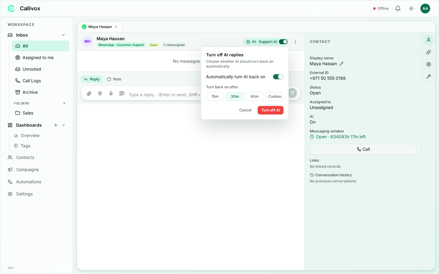The inbox AI switch open over a conversation, showing Automatically turn AI back on enabled, 30 minutes selected, and 15 minute, 60 minute, and Custom choices