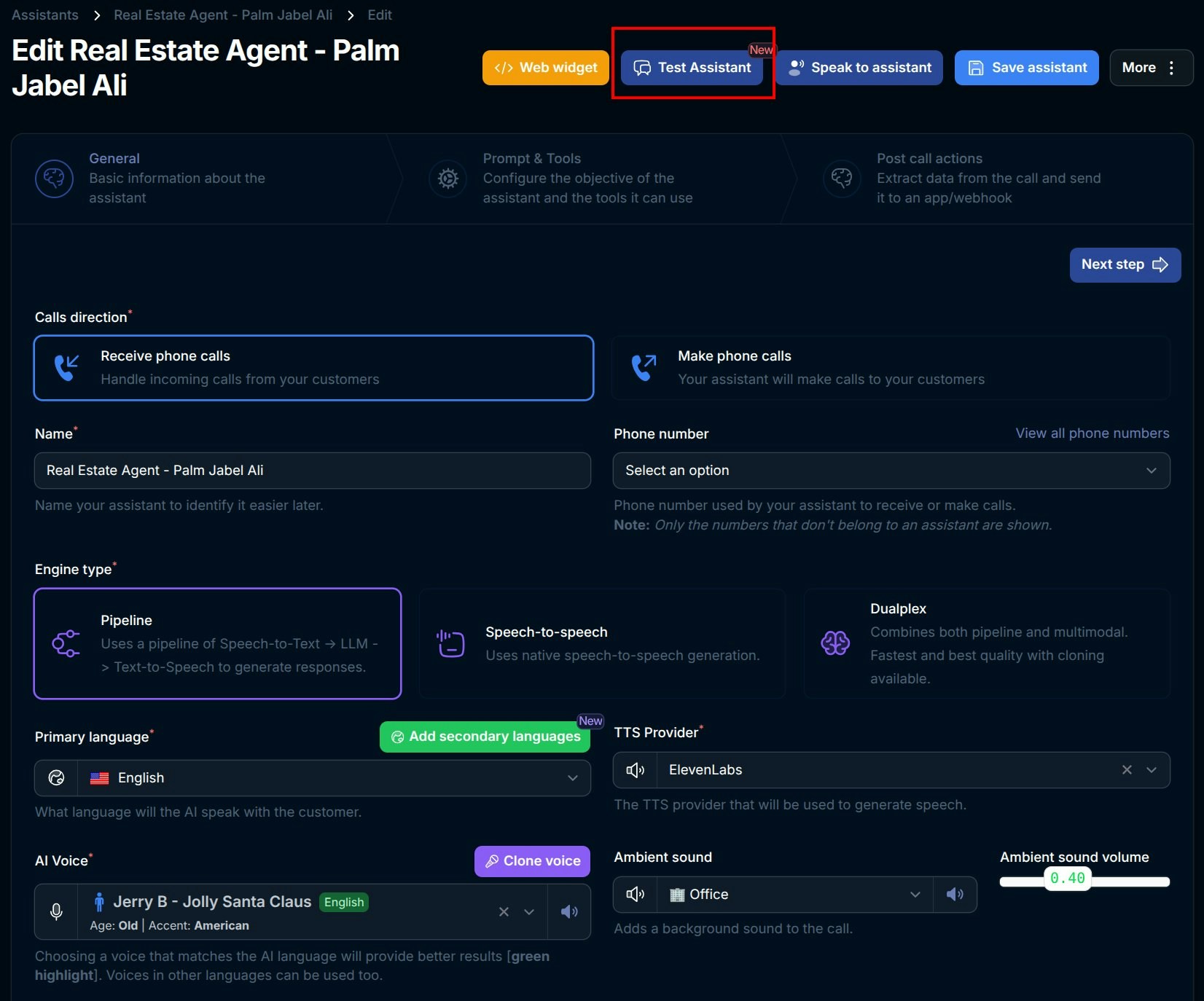 Test Assistant Button