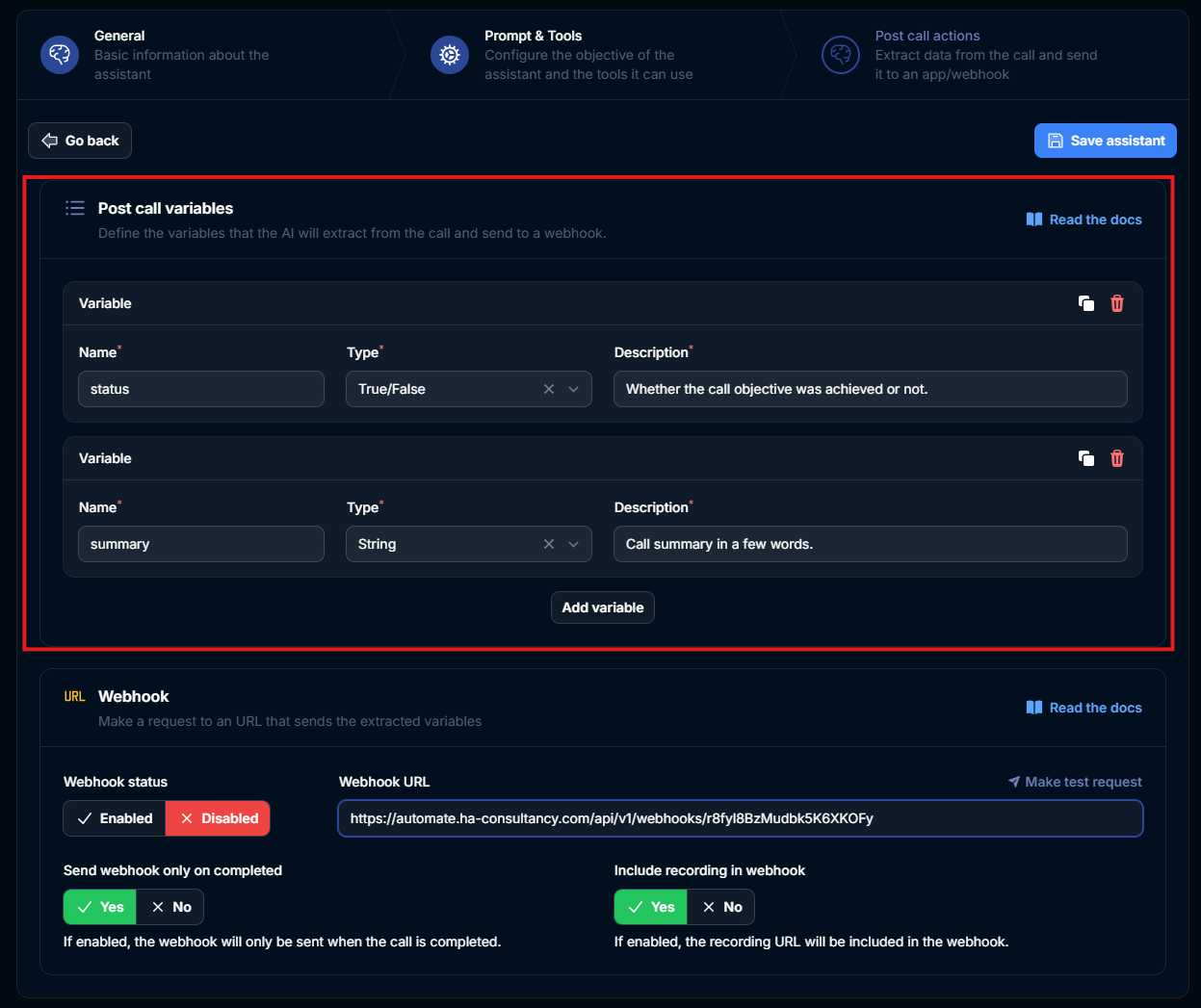 Post-call variables configuration