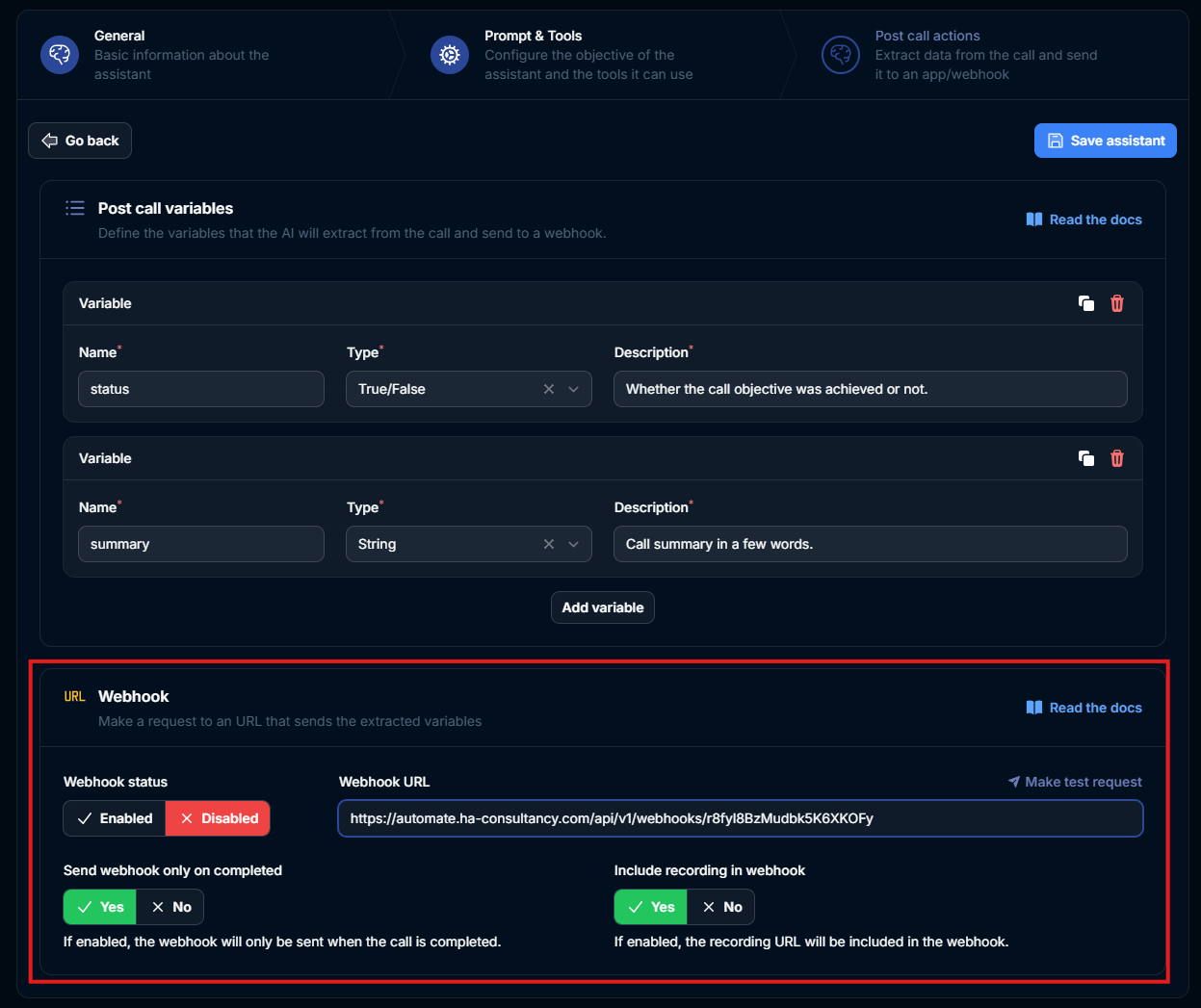 Webhook configuration settings