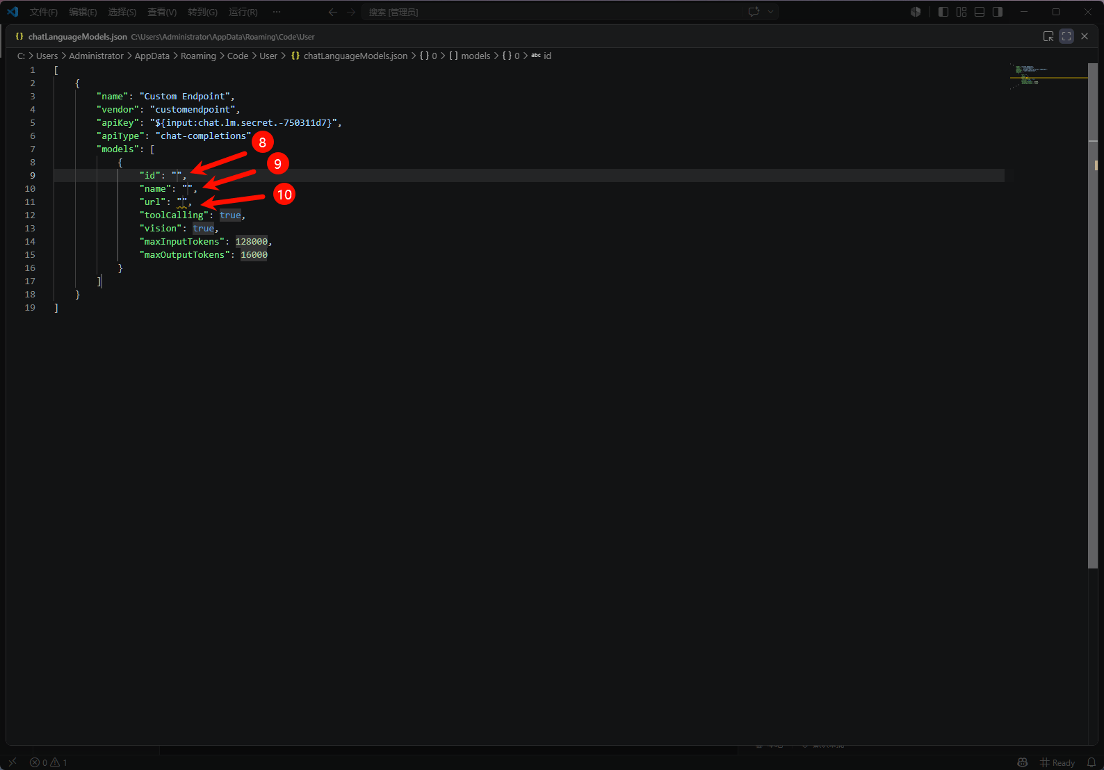 编辑 chatLanguageModels.json 配置文件