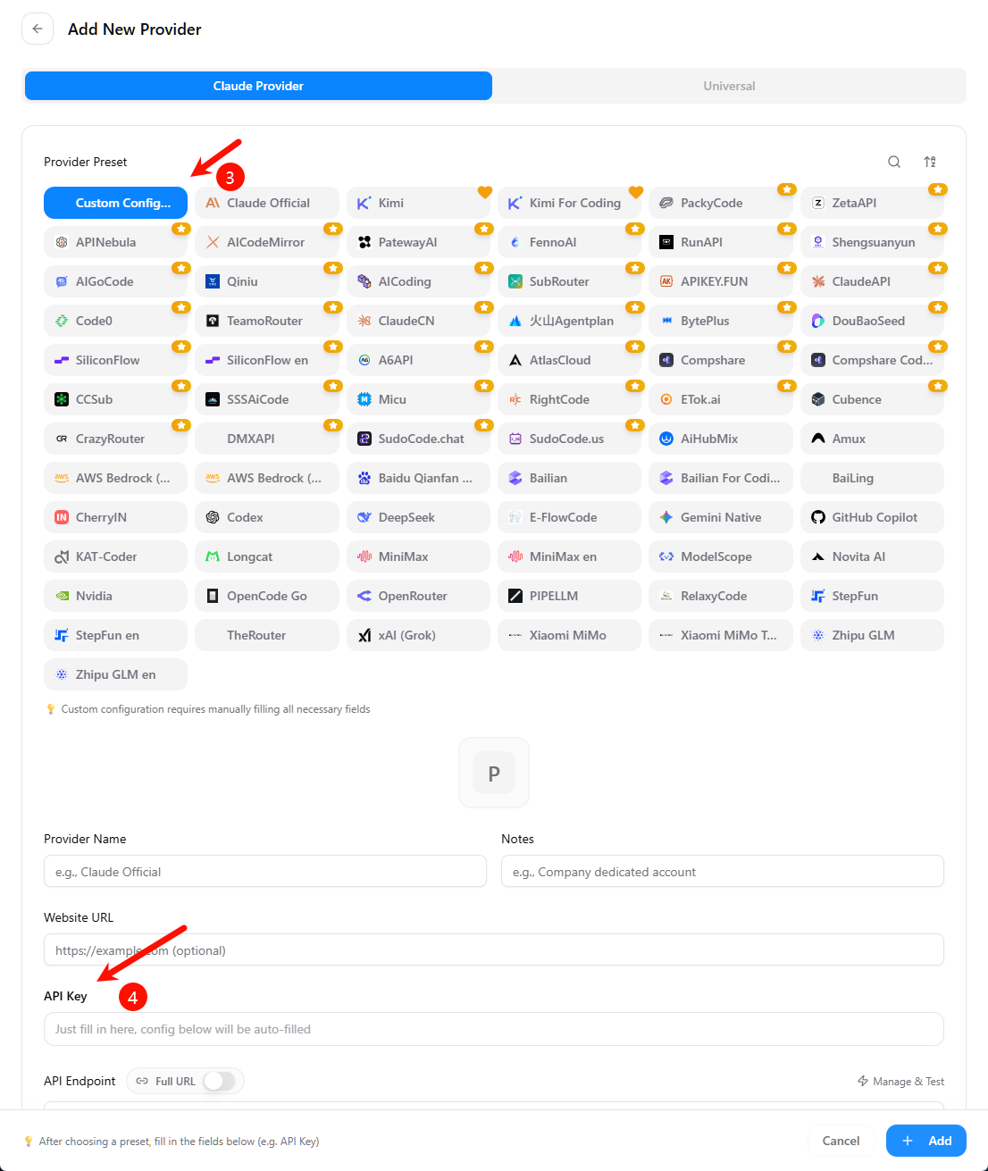 Choose Custom Config and enter the API key