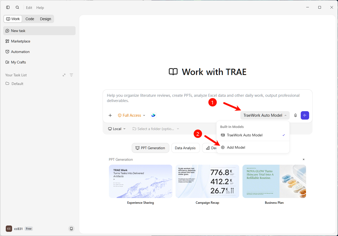 Open Trae Work model settings