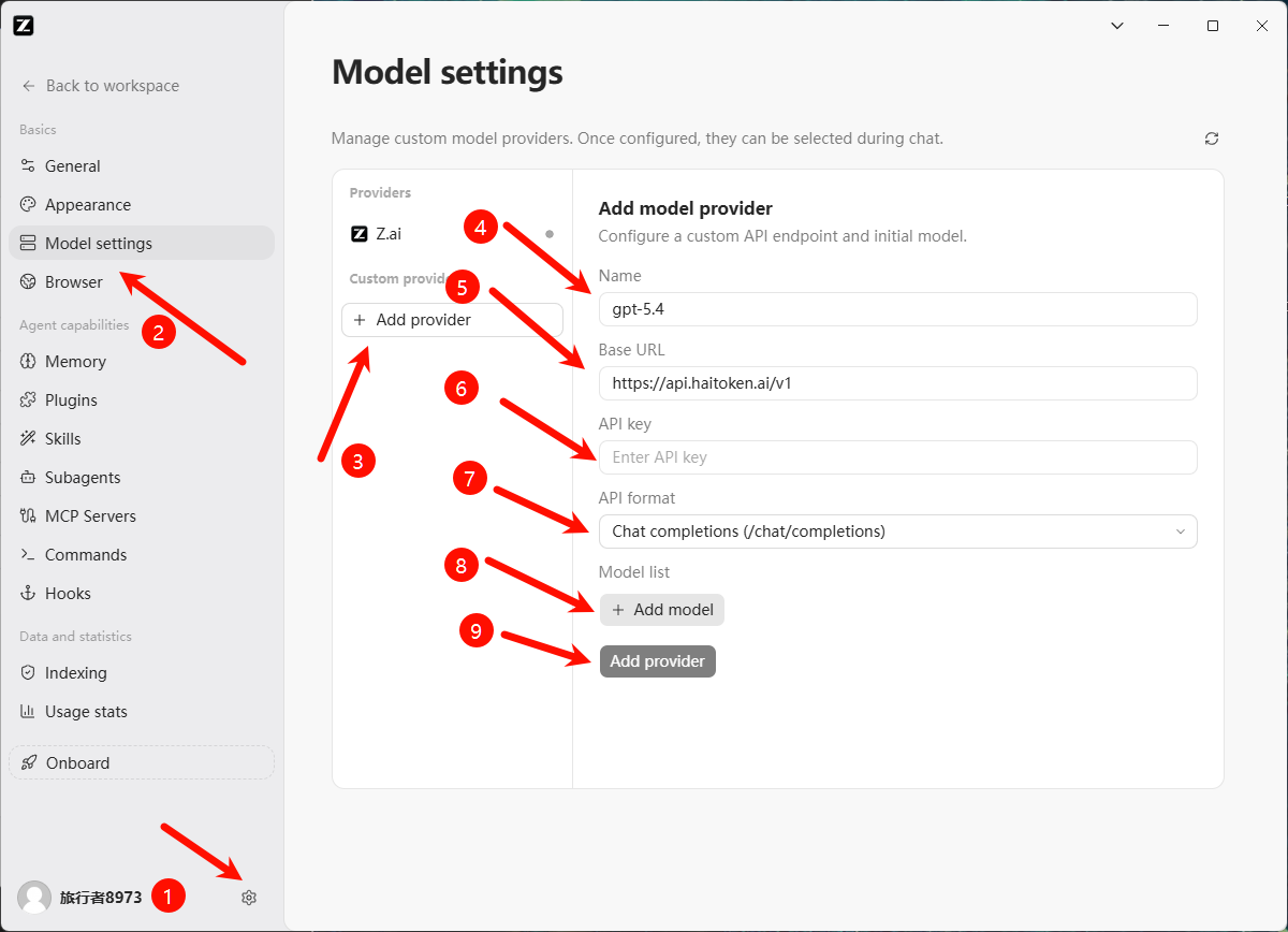 Open ZCode model settings and configure the HaiToken provider