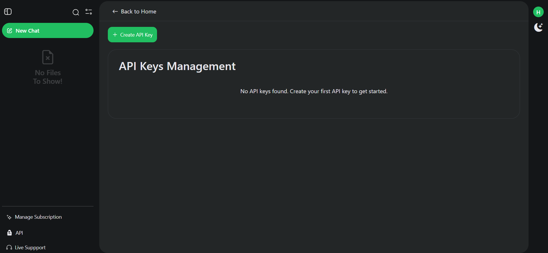 API Keys Management page with Create API Key button