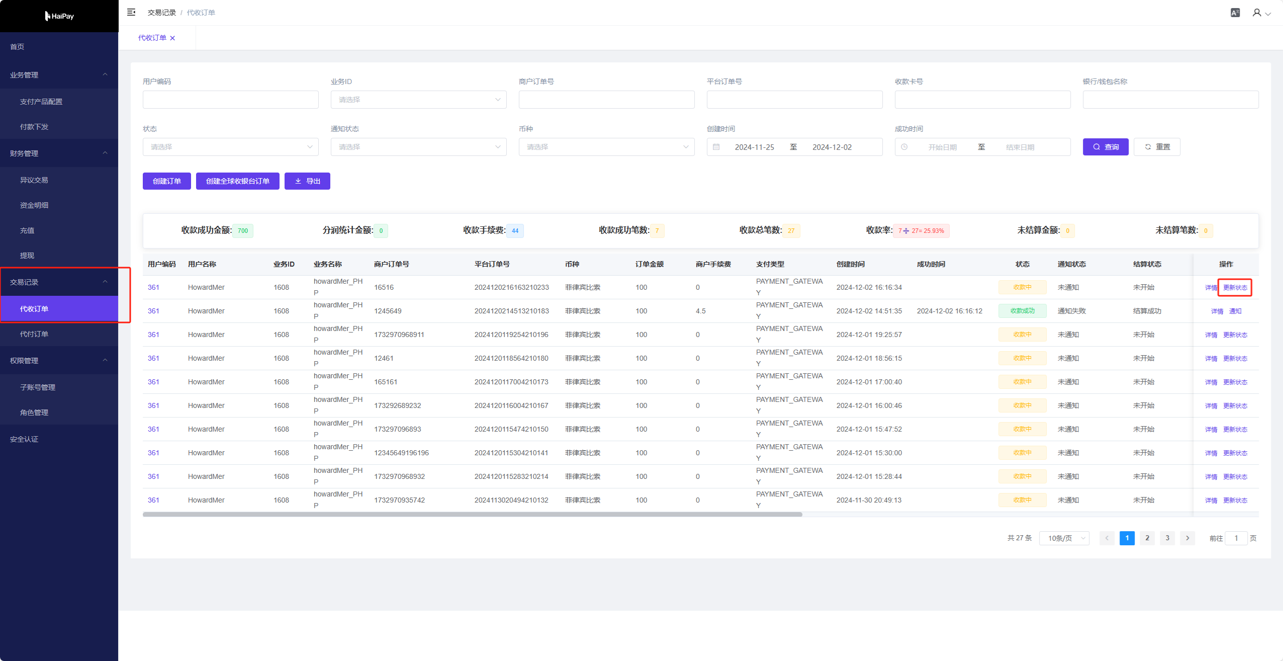 Merchant backend entry for changing order status in the test environment