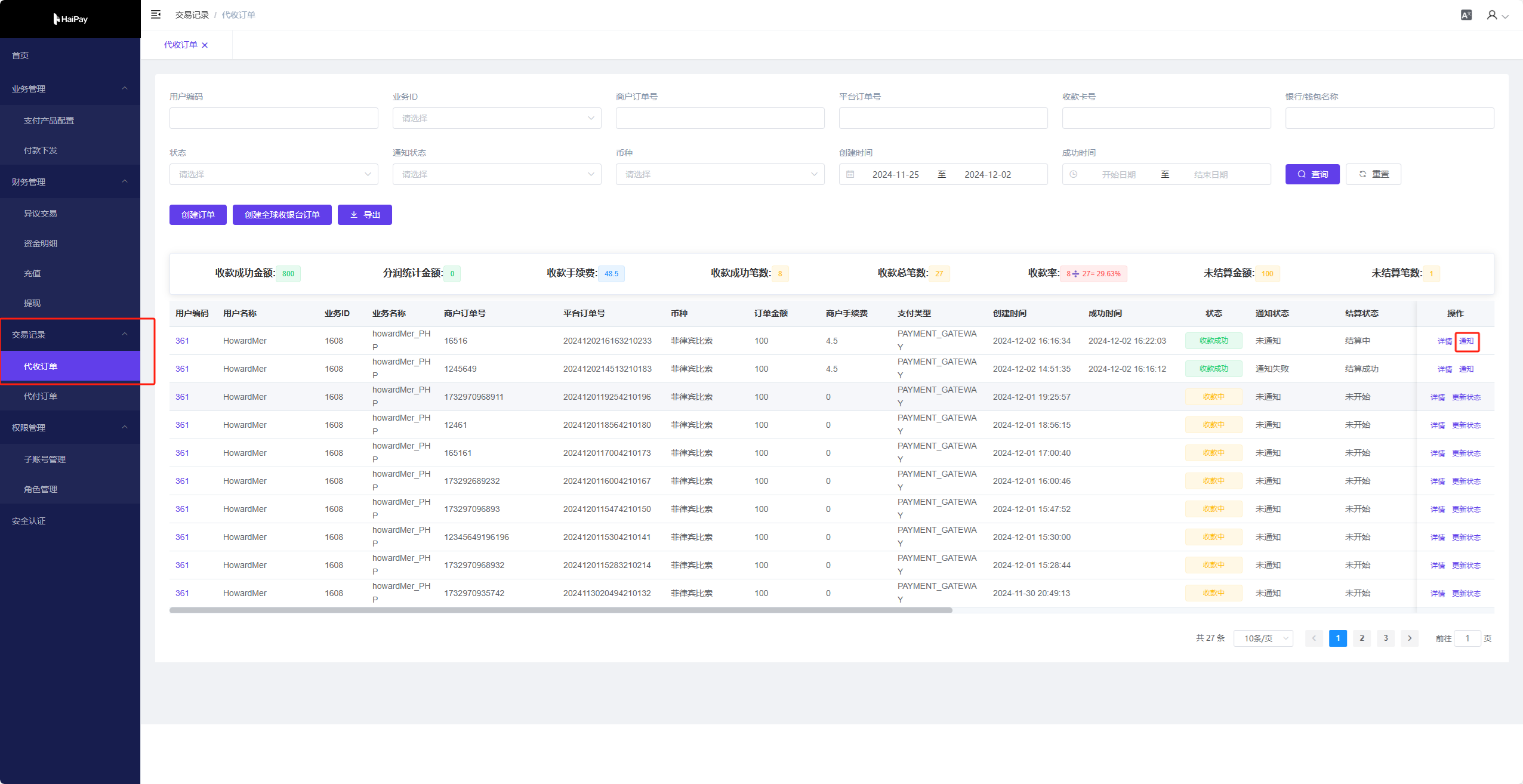Merchant backend screen for manually sending notifications in the test environment
