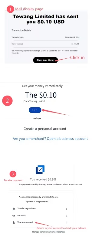 Example of the PayPal email claim flow for received funds