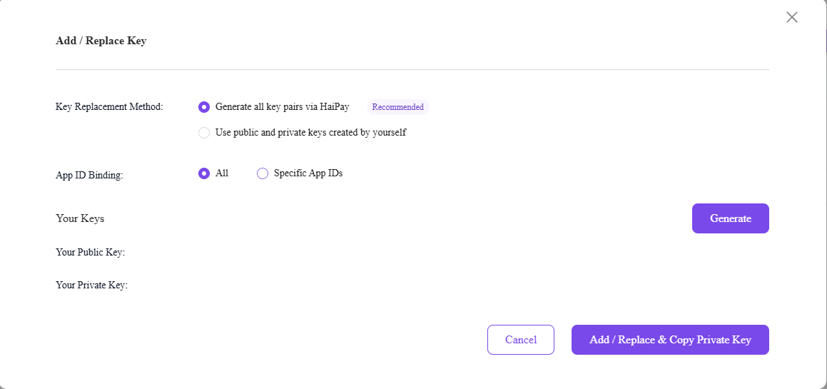 Add/Replace Key dialog