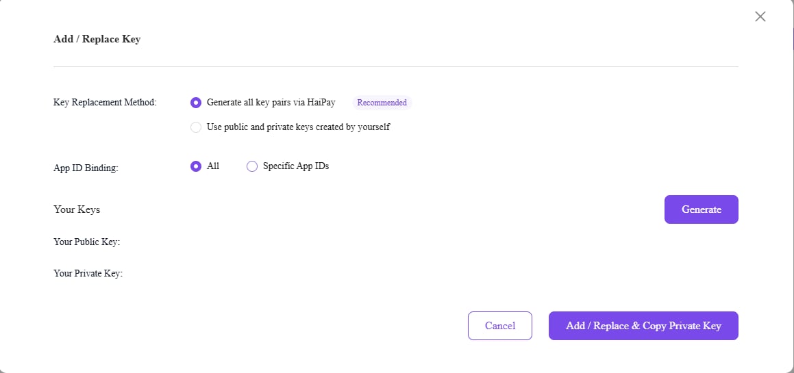Add/Replace Key dialog
