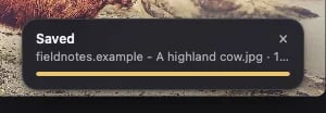 The card after saving: Saved, with the file name and its size