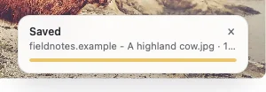 The card after saving: Saved, with the file name and its size