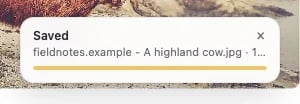 The card after saving: Saved, with the file name and its size