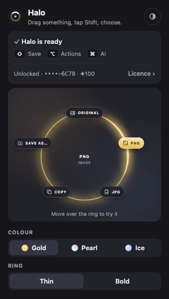 Halo's toolbar menu: Halo is ready, the keys, the licence, and the colour and ring
