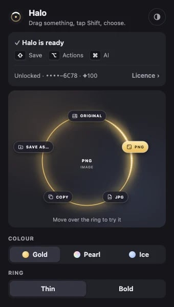 Halo's toolbar menu: Halo is ready, the keys, the licence, and the colour and ring