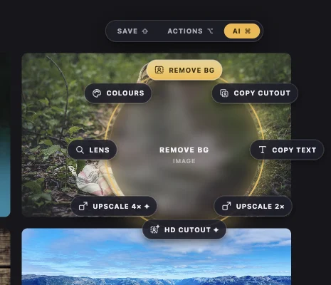 The AI ring for a picture: Remove BG, Copy cutout, Copy text, Upscale 2×, HD cutout ✦, Upscale 4× ✦, Lens, Colours