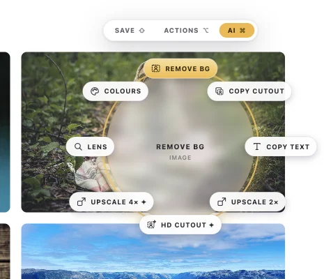 The AI ring for a picture: Remove BG, Copy cutout, Copy text, Upscale 2×, HD cutout ✦, Upscale 4× ✦, Lens, Colours