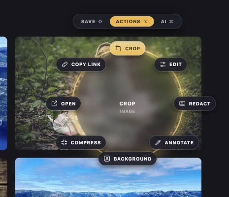 The Actions ring for a picture: Crop, Edit, Redact, Annotate, Background, Compress, Open, Copy link