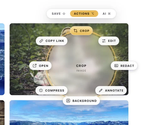 The Actions ring for a picture: Crop, Edit, Redact, Annotate, Background, Compress, Open, Copy link