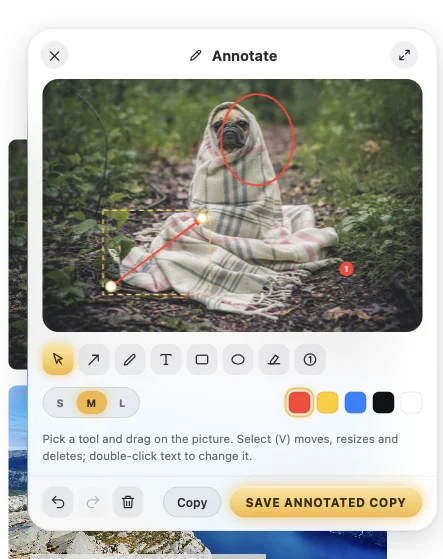 The Annotate window: an arrow (selected, with its handles), a circle and a numbered step on a photo