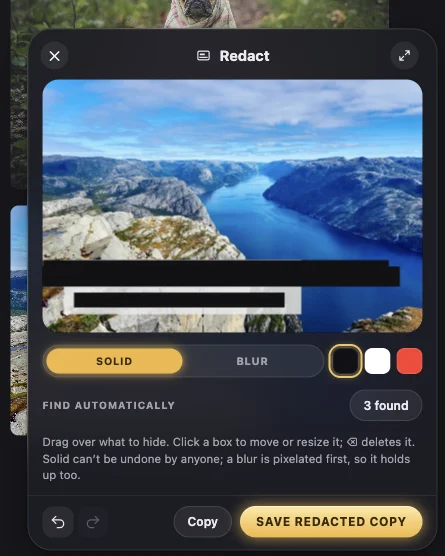 The Redact window: Find text has covered the postcard’s two lines in black