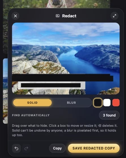 The Redact window: Find text has covered the postcard’s two lines in black