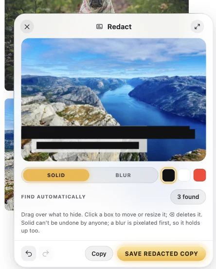 The Redact window: Find text has covered the postcard’s two lines in black